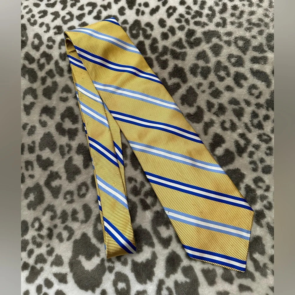 Harold Powell Silk Necktie in Yellow/Orange Blue Stripe